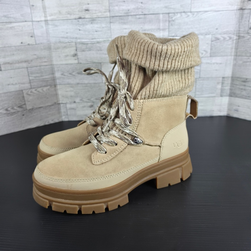 UGG Ashton Addie Sand Tan Suede Knit Collar Lug Sole Lace Up Boots 1143831‎ Sz 8